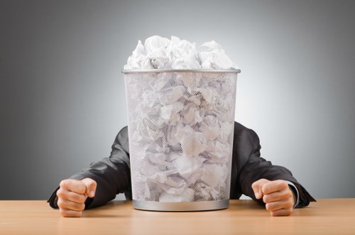 A person in a business suit with their face obscured by a metal mesh wastebasket filled with crumpled white paper, placed on a wooden table against a plain grey background. The wastebasket, cylindrical and made of perforated metal, appears to be a standard office or desk trash bin. The crumpled paper inside is scattered and overflowing slightly, suggesting a waste collection for paper or general office rubbish. The person's hands, visible on either side of the bin, are clenched into fists, resting on the table, with the suit's sleeves covering their wrists. The scene emphasizes waste management related to paper disposal in an office environment, aligning with services provided by Commercial Waste Bounds Green, serving areas like London or Middlesex. The lighting is neutral and evenly distributed, highlighting the metal finish of the wastebasket and the texture of the crumpled paper, in a setup that highlights rubbish collection and disposal themes relevant to commercial and office waste removal solutions near London.